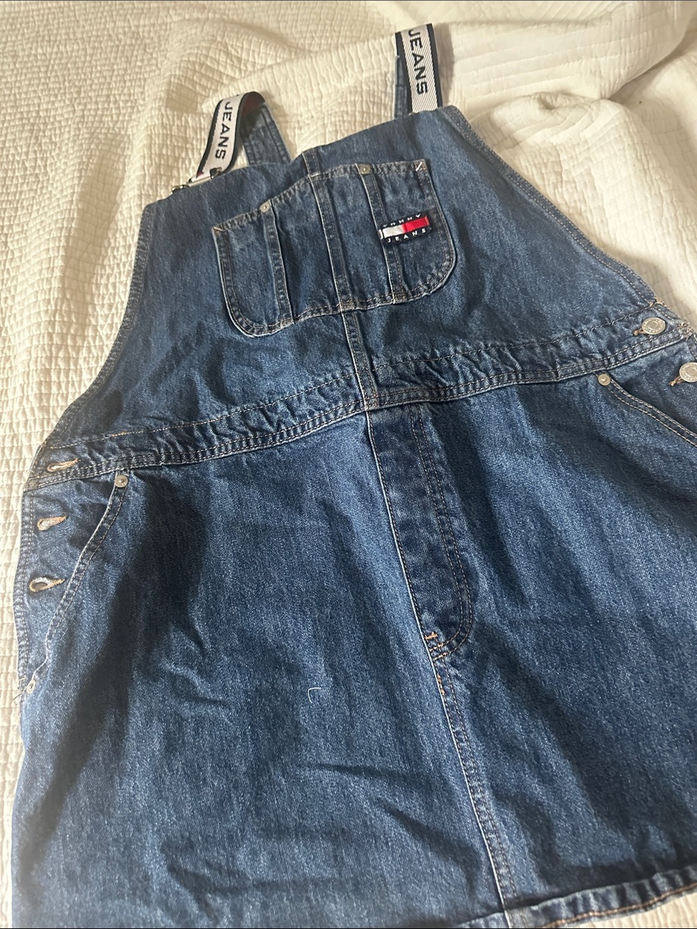 Tommy Hilfiger Blue Denim Pinafore Dress with Logo Strap - Picture 2 of 5